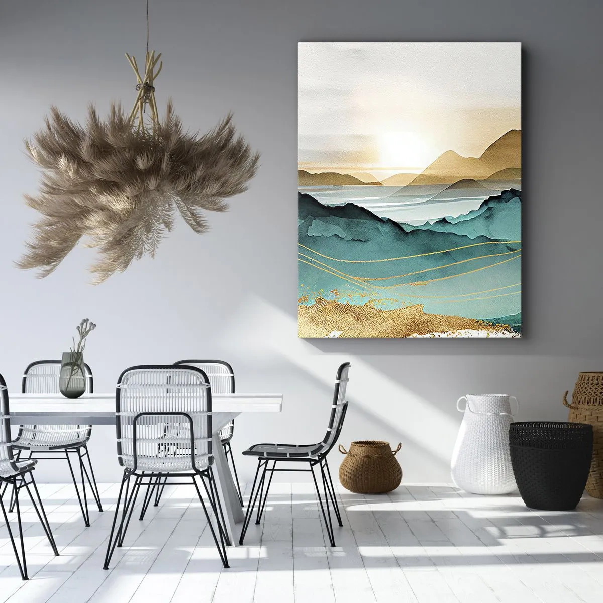 Cuadro sobre lienzo - Impresión de Imagen - Paisaje abstracto con montañas y acentos dorados. - 70x100cm - Al borde de la abstracción - paisaje - Decoración de pared moderna para salón y dormitorio ARTTOR