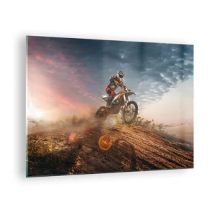 Cuadro sobre vidrio - Impresiones sobre Vidrio - Motociclista en el desierto en un entorno dinámico. - 70x50cm - A por la victoria - Decoración de pared moderna para salón y dormitorio ARTTOR
