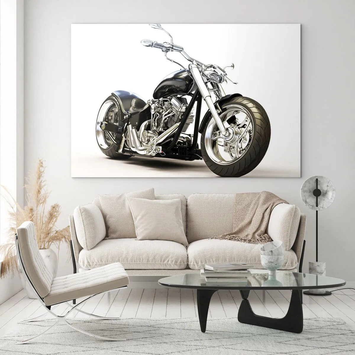 Cuadro sobre vidrio - Impresiones sobre Vidrio - Una motocicleta chopper negra sobre un fondo claro. - 100x70cm - Una fuerza con carácter - Decoración de pared moderna para salón y dormitorio ARTTOR