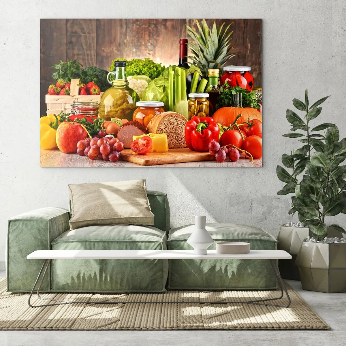 Cuadro sobre vidrio - Impresiones sobre Vidrio - Verduras coloridas, frutas, pan y conservas sobre un fondo de madera. - 100x70cm - La mesa está lista - Decoración de pared moderna para salón y dormitorio ARTTOR