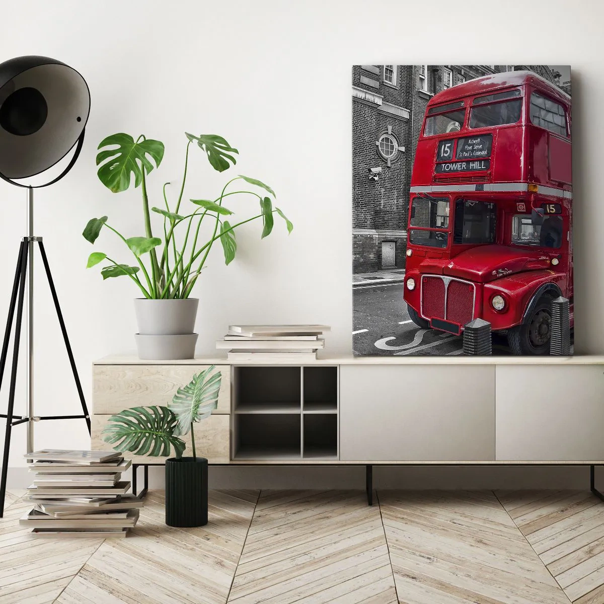 Cuadro sobre lienzo - Impresión de Imagen - Un autobús rojo de dos pisos en Londres con un fondo de arquitectura clásica. - 50x70cm - El mismo de siempre - Decoración de pared moderna para salón y dormitorio ARTTOR