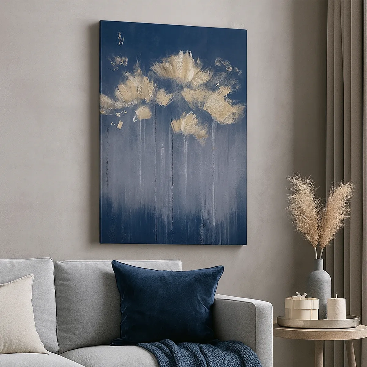 Cuadro sobre lienzo - Impresión de Imagen - Delicadas flores sobre fondo azul. - 50x70cm - Como pétalos al viento - Decoración de pared moderna para salón y dormitorio ARTTOR