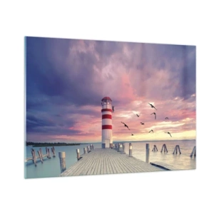 Cuadro sobre vidrio - Impresiones sobre Vidrio - Faro en el muelle al atardecer con pájaros volando - 100x70cm - Hora de ir al puerto - Decoración de pared moderna para salón y dormitorio ARTTOR