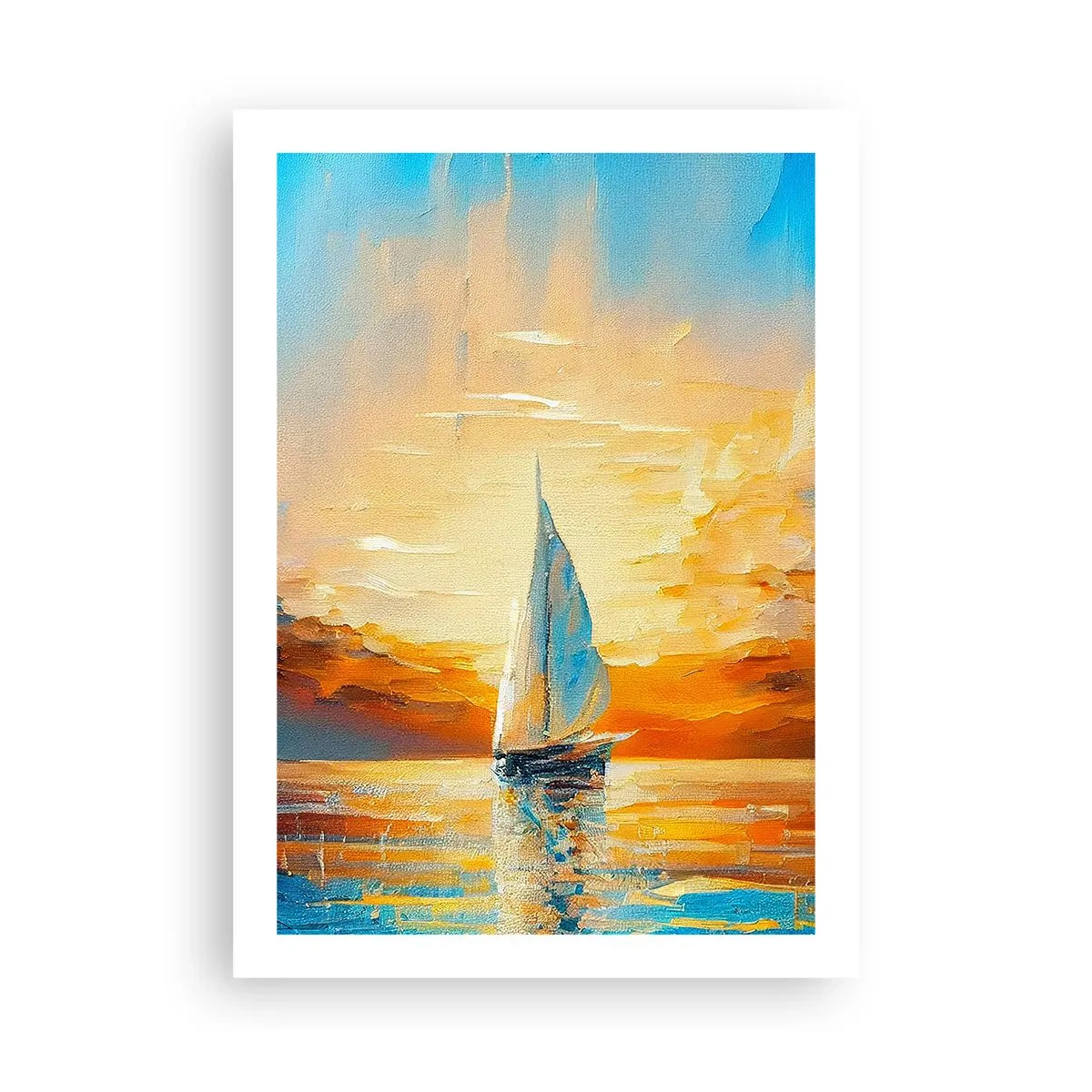 Póster - Un velero con el telón de fondo de una puesta de sol dorada. - 50x70cm - Navegando en oro - Decoración de pared moderna para salón y dormitorio ARTTOR