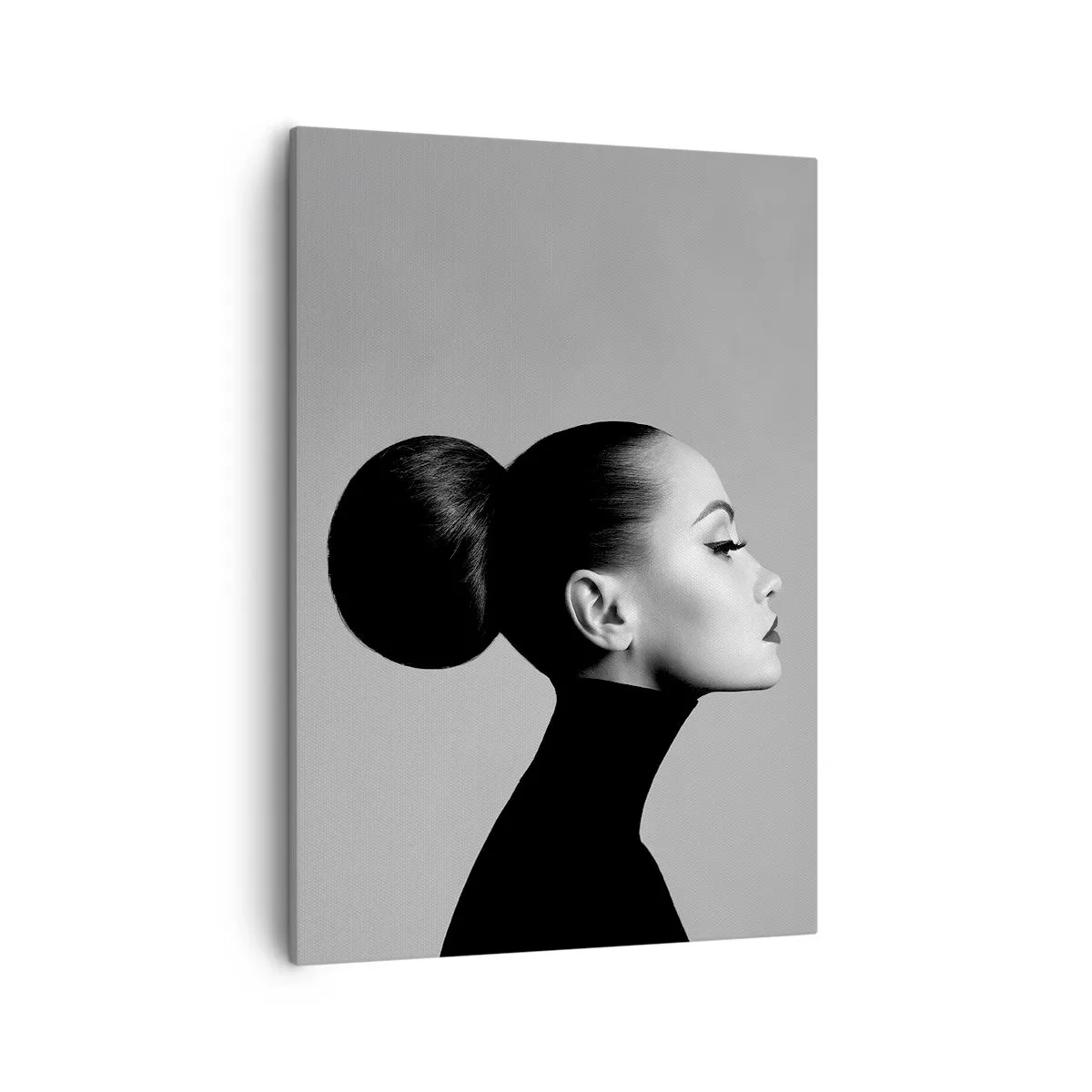 Cuadro sobre lienzo - Impresión de Imagen - Perfil de una mujer en blanco y negro con un elegante moño. - 50x70cm - Nefertiti contemporánea - Decoración de pared moderna para salón y dormitorio ARTTOR