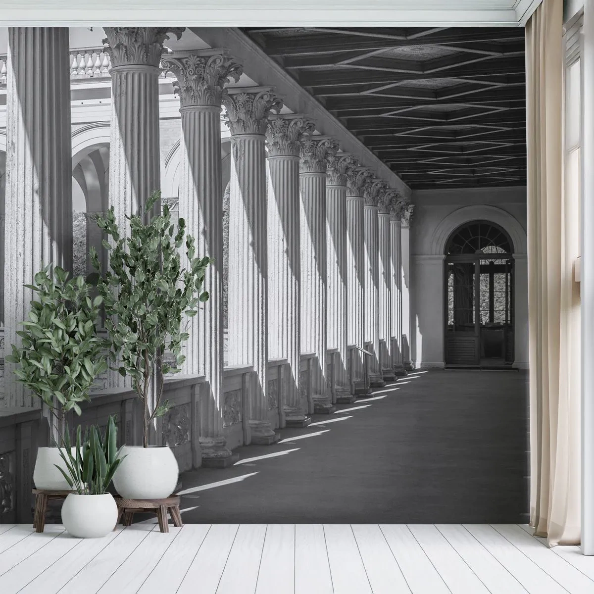 Fotomural Standard Eco - Arcada en blanco y negro con columnas de estilo clásico - 100x70cm - Galería soleada - Decoración de pared moderna para salón y dormitorio ARTTOR