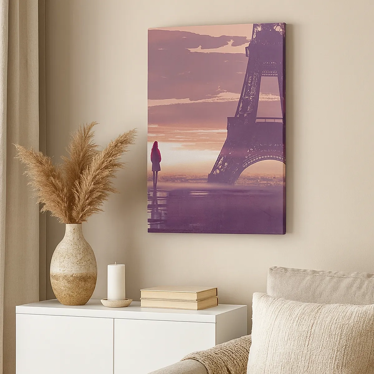 Cuadro sobre lienzo - Impresión de Imagen - Una figura mirando la Torre Eiffel a la luz del sol poniente. - 50x70cm - Sólo ellas dos - Decoración de pared moderna para salón y dormitorio ARTTOR