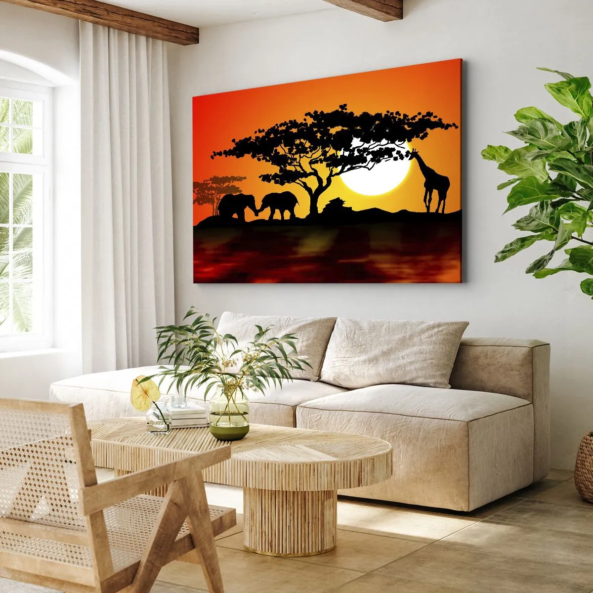 Cuadro sobre lienzo - Impresión de Imagen - Atardecer africano con siluetas de elefantes y jirafas sobre el agua - 70x50cm - Reunión en la sabana - Decoración de pared moderna para salón y dormitorio ARTTOR