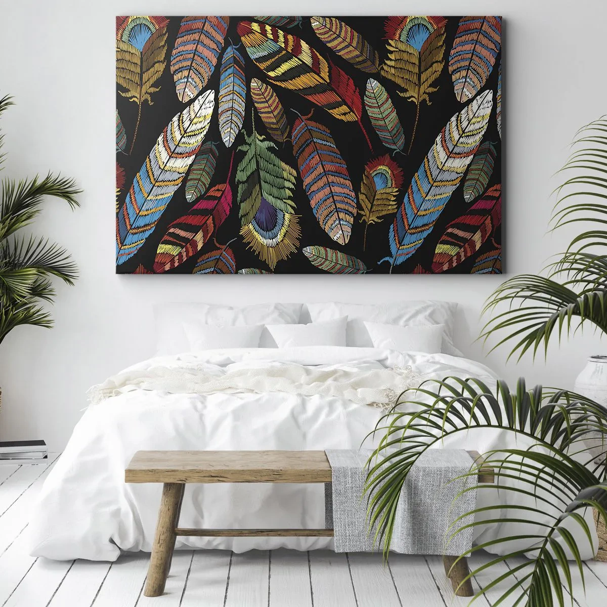 Cuadro sobre lienzo - Impresión de Imagen - Plumas de colores sobre un fondo negro - 100x70cm - Carnaval de las aves - Decoración de pared moderna para salón y dormitorio ARTTOR