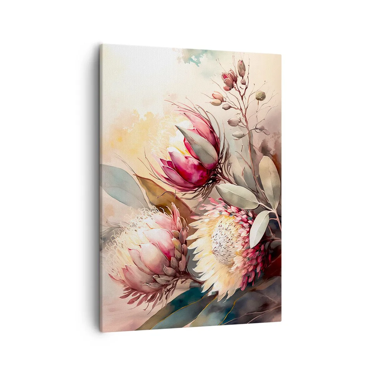 Cuadro sobre lienzo - Impresión de Imagen - Flores de protea en delicados tonos pastel. - 50x70cm - De perfil y de frente - Decoración de pared moderna para salón y dormitorio ARTTOR