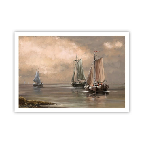Póster - Veleros en un mar en calma en un entorno pastel - 100x70cm - El regreso de los marineros - Decoración de pared moderna para salón y dormitorio ARTTOR