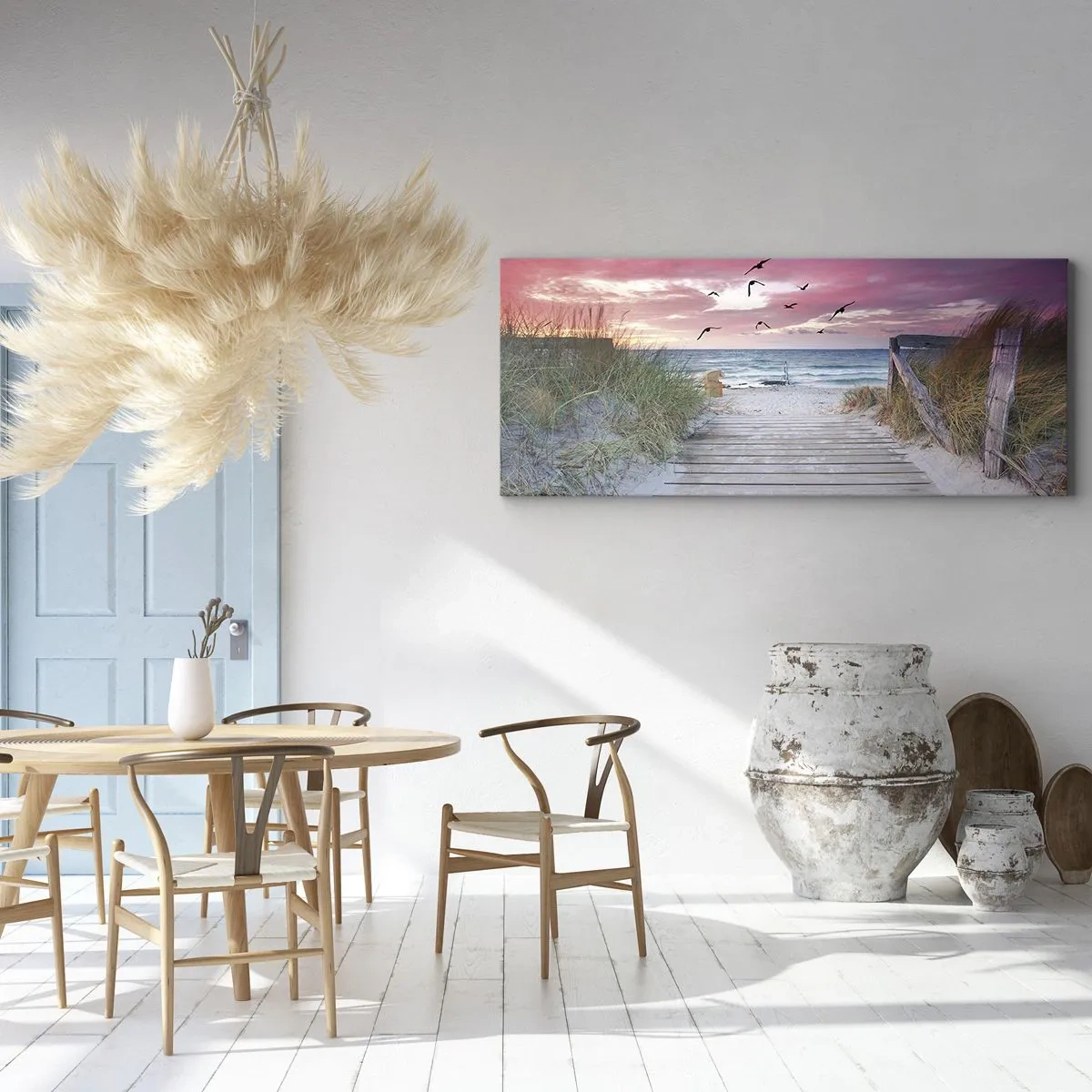 Cuadro sobre lienzo - Impresión de Imagen - Camino de madera en la playa al atardecer rosa - 160x50cm - Impresión del Báltico - Decoración de pared moderna para salón y dormitorio ARTTOR