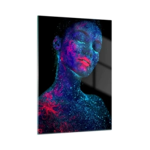 Cuadro sobre vidrio - Impresiones sobre Vidrio - Retrato de una mujer con pintura corporal fluorescente - 50x70cm - En polvo de estrellas - Decoración de pared moderna para salón y dormitorio ARTTOR