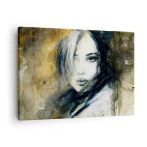 Cuadro sobre lienzo - Impresión de Imagen - Retrato de una mujer sobre un fondo de manchas abstractas en tonos beige. - 70x50cm - Inocente y sensual - Decoración de pared moderna para salón y dormitorio ARTTOR