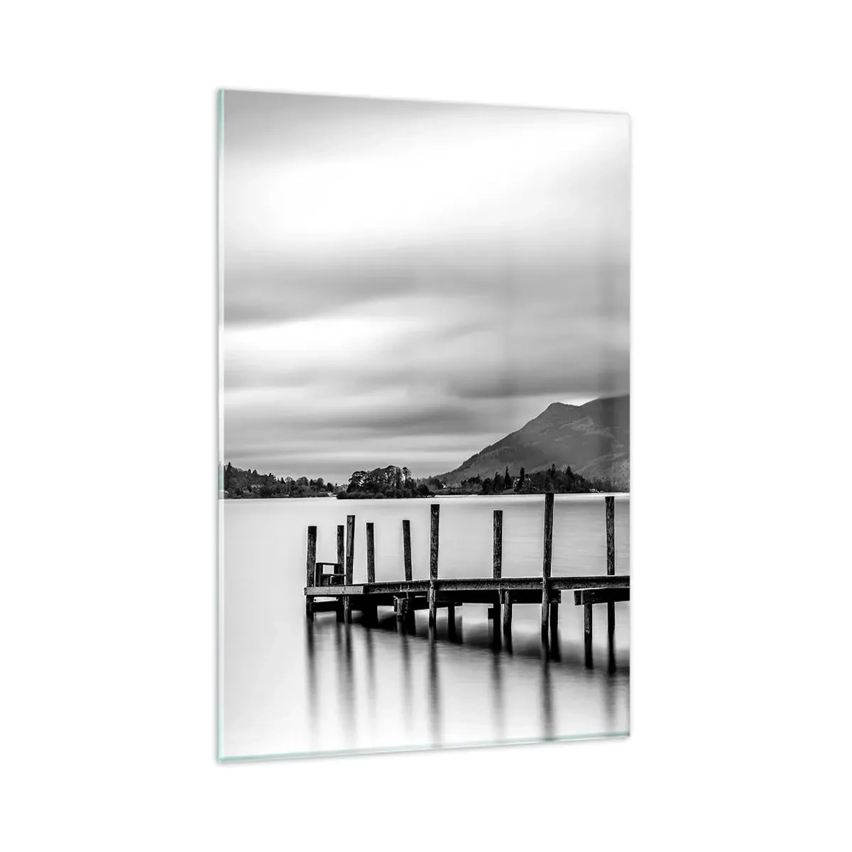 Cuadro sobre vidrio - Impresiones sobre Vidrio - Paisaje en blanco y negro con un muelle sobre un lago. - 80x120cm - Dulzura y la fuerza - Decoración de pared moderna para salón y dormitorio ARTTOR