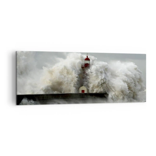 Cuadro sobre lienzo - Impresión de Imagen - Un faro rodeado de fuertes olas durante una tormenta. - 140x50cm - La furia del océano - Decoración de pared moderna para salón y dormitorio ARTTOR