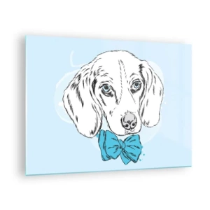 Cuadro sobre vidrio - Impresiones sobre Vidrio - Dibujo de un perro con pajarita sobre fondo azul. - 70x50cm - Elegancia canina - Decoración de pared moderna para salón y dormitorio ARTTOR