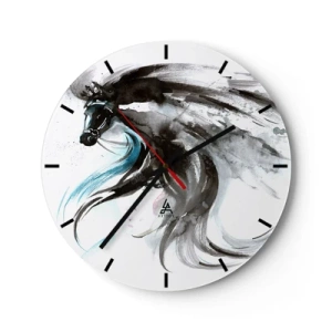 Reloj de pared - Reloj de vidrio - Un caballo oscuro en movimiento dinámico con una crin fluida en un estilo artístico. - 30x30cm - El galope del Príncipe Negro - Decoración de pared moderna para salón, cocina y dormitorio ARTTOR