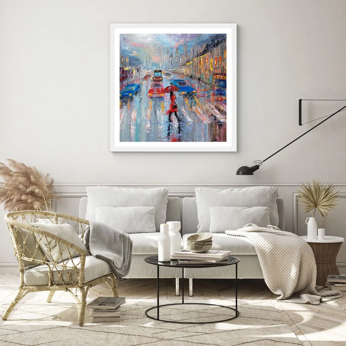 Póster en marco blanco - Una tarde de lluvia en la ciudad - 40x40 cm