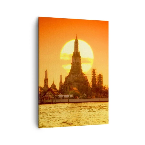 Cuadro sobre lienzo - Impresión de Imagen - Puesta de sol sobre el templo con reflejo en el agua. - 50x70cm - Hacia el sol, siempre hacia el sol - Decoración de pared moderna para salón y dormitorio ARTTOR