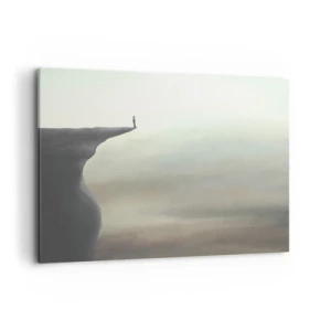 Cuadro sobre lienzo - Impresión de Imagen - Silueta de una figura en el borde de un acantilado en un paisaje brumoso - 120x80cm - Hacia arriba, ¡por supuesto! - Decoración de pared moderna para salón y dormitorio ARTTOR