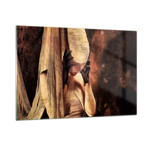 Cuadro sobre vidrio - Impresiones sobre Vidrio - Una mujer misteriosa rodeada de telas doradas. - 120x80cm - Entre el bien y el mal - Decoración de pared moderna para salón y dormitorio ARTTOR