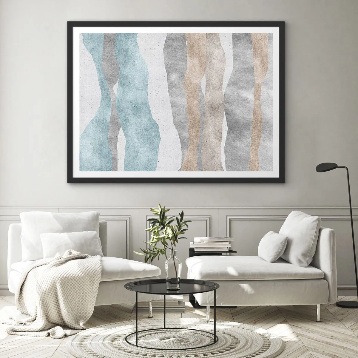 Póster en marco negro - Rayas abstractas en tonos pastel - 70x50cm - Un estudio de la cercanía - Decoración de pared moderna para salón y dormitorio ARTTOR