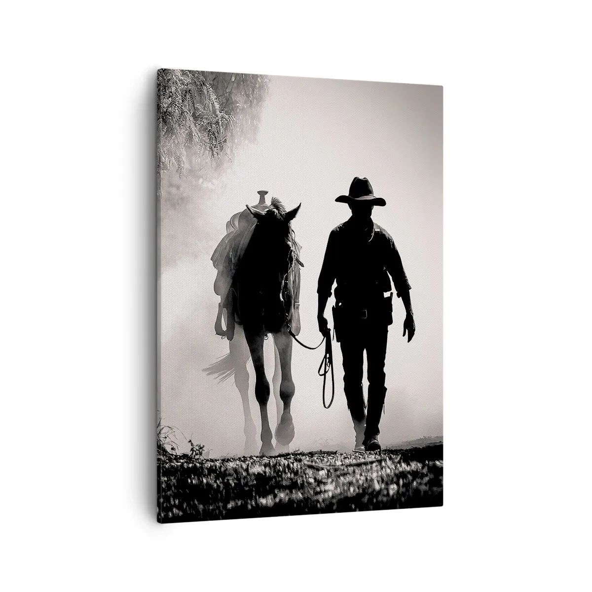 Cuadro sobre lienzo - Impresión de Imagen - Vaquero con caballo en la niebla de la mañana - 50x70cm - La mañana de Texas - Decoración de pared moderna para salón y dormitorio ARTTOR