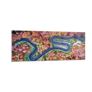 Cuadro sobre vidrio - Impresiones sobre Vidrio - Un camino sinuoso en un bosque otoñal visto a vista de pájaro - 140x50cm - Un camino sinuoso a través del bosque - Decoración de pared moderna para salón y dormitorio ARTTOR