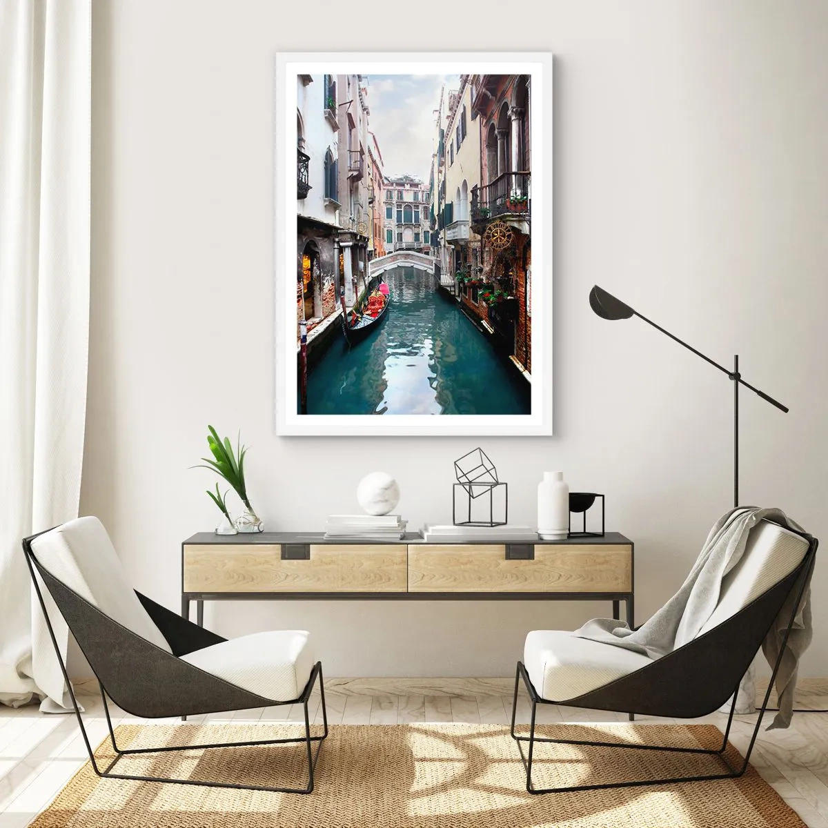 Póster en marco blanco - Paisaje veneciano con góndola y puente - 40x50 cm