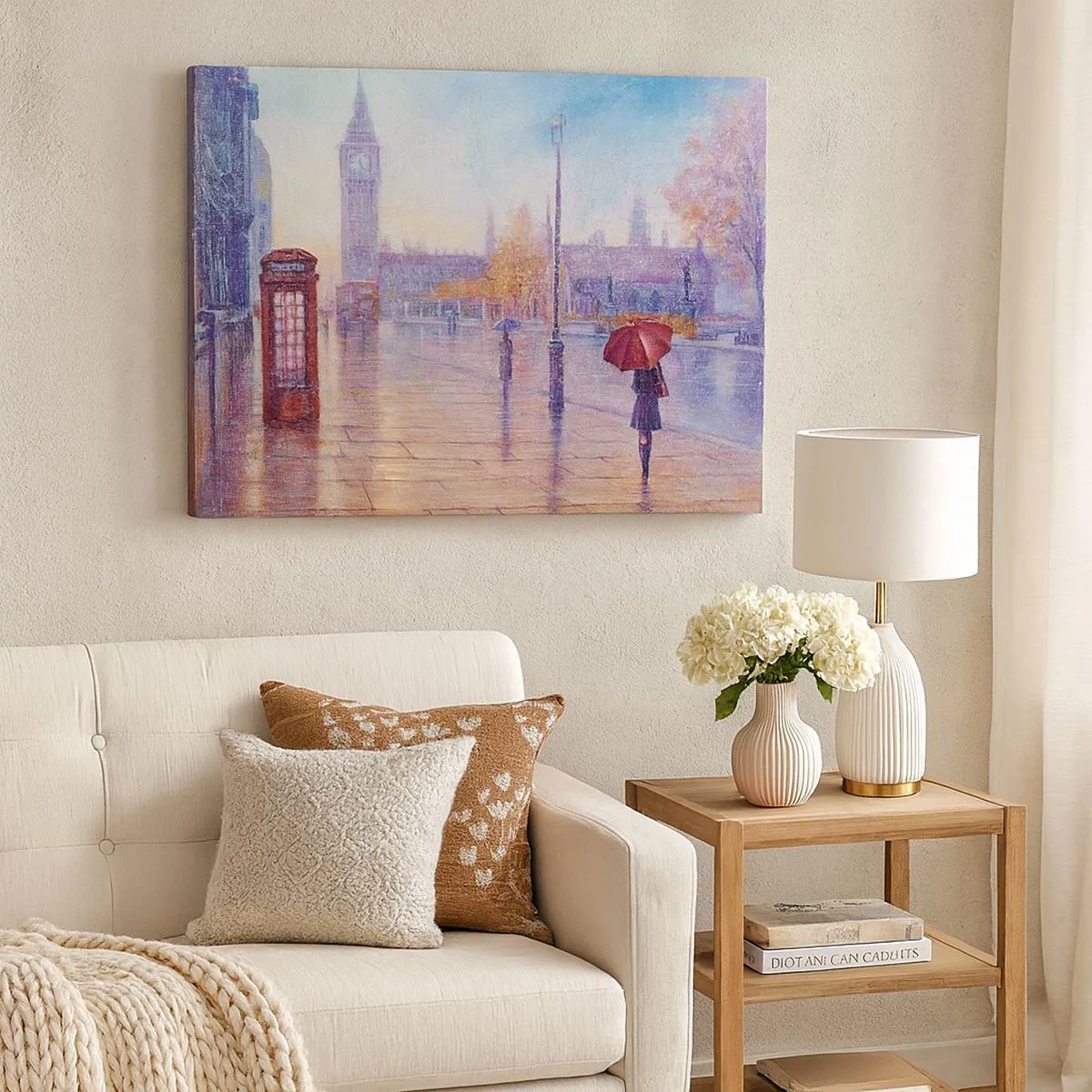 Cuadro sobre lienzo - Impresión de Imagen - Calle de Londres con el Big Ben en un día lluvioso - 70x50cm - Un día de otoño en Londres - Decoración de pared moderna para salón y dormitorio ARTTOR