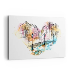 Cuadro sobre lienzo - Impresión de Imagen - Acuarela de un puente y casas de vecindad en forma de corazón - 100x70cm - El corazón de la ciudad - Decoración de pared moderna para salón y dormitorio ARTTOR