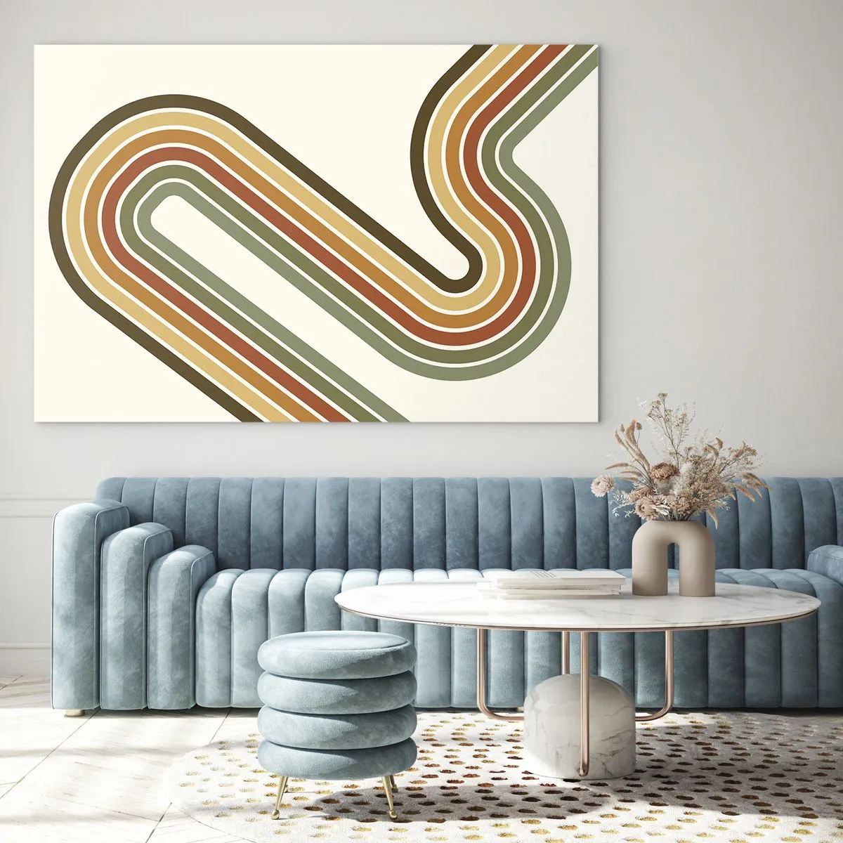 Cuadro sobre vidrio - Impresiones sobre Vidrio - Abstracción geométrica en estilo retro con líneas onduladas. - 100x70cm - Zigzagueando hasta su destino - Decoración de pared moderna para salón y dormitorio ARTTOR