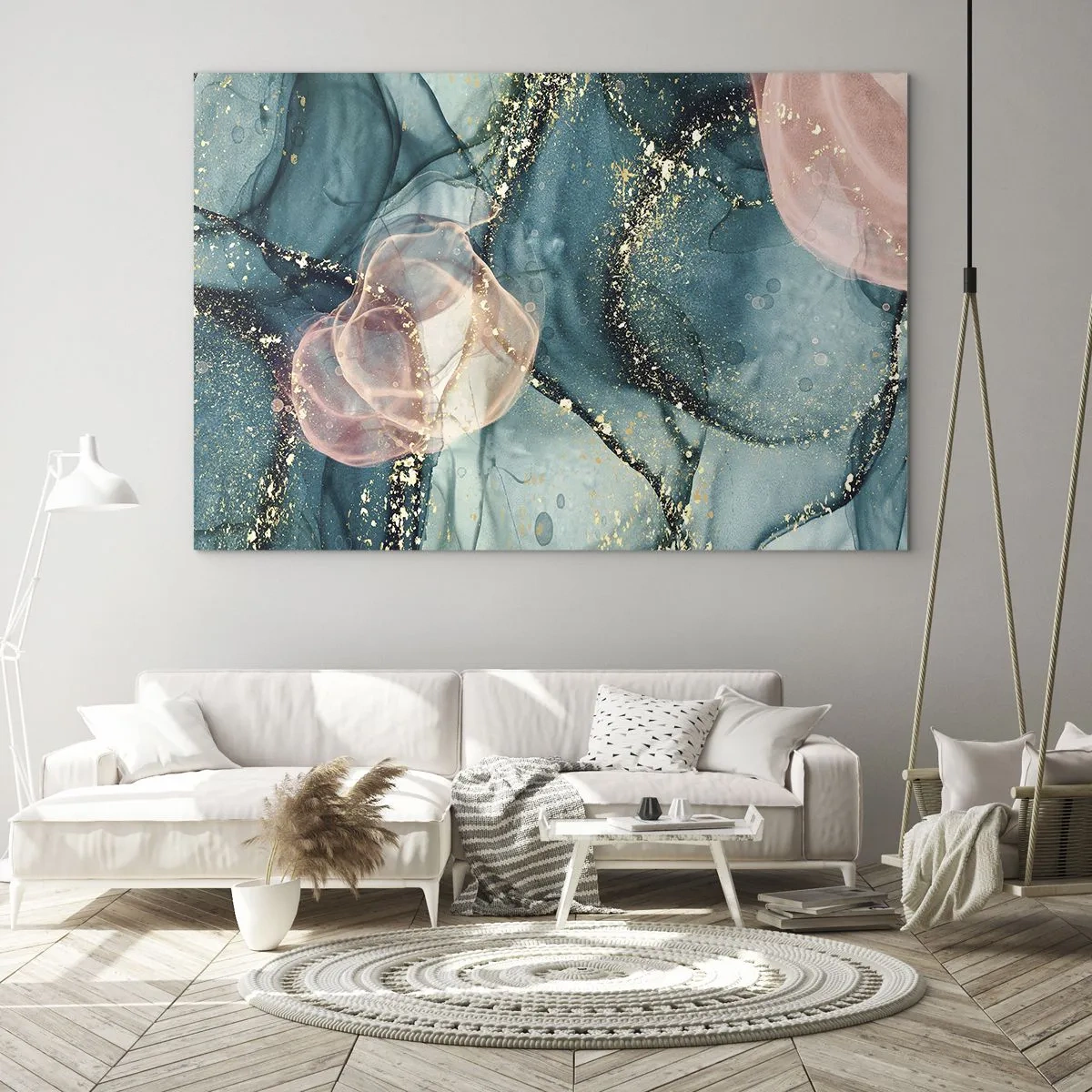 Cuadro sobre vidrio - Impresiones sobre Vidrio - Formas abstractas en azul y rosa con detalles dorados. - 70x50cm - Seda azul, tul rosa - Decoración de pared moderna para salón y dormitorio ARTTOR