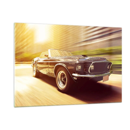 Cuadro sobre vidrio - Impresiones sobre Vidrio - Coche clásico en movimiento bajo la luz del sol. - 120x80cm - 1967 - El retorno de una leyenda - Decoración de pared moderna para salón y dormitorio ARTTOR
