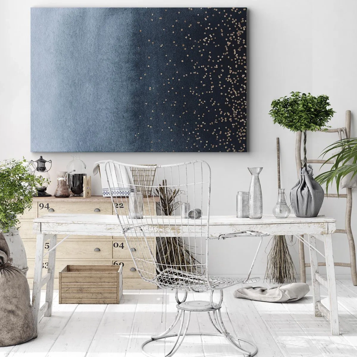Cuadro sobre lienzo - Impresión de Imagen - Degradados azules con sutiles acentos dorados - 70x50cm - Composición - fases azules - Decoración de pared moderna para salón y dormitorio ARTTOR