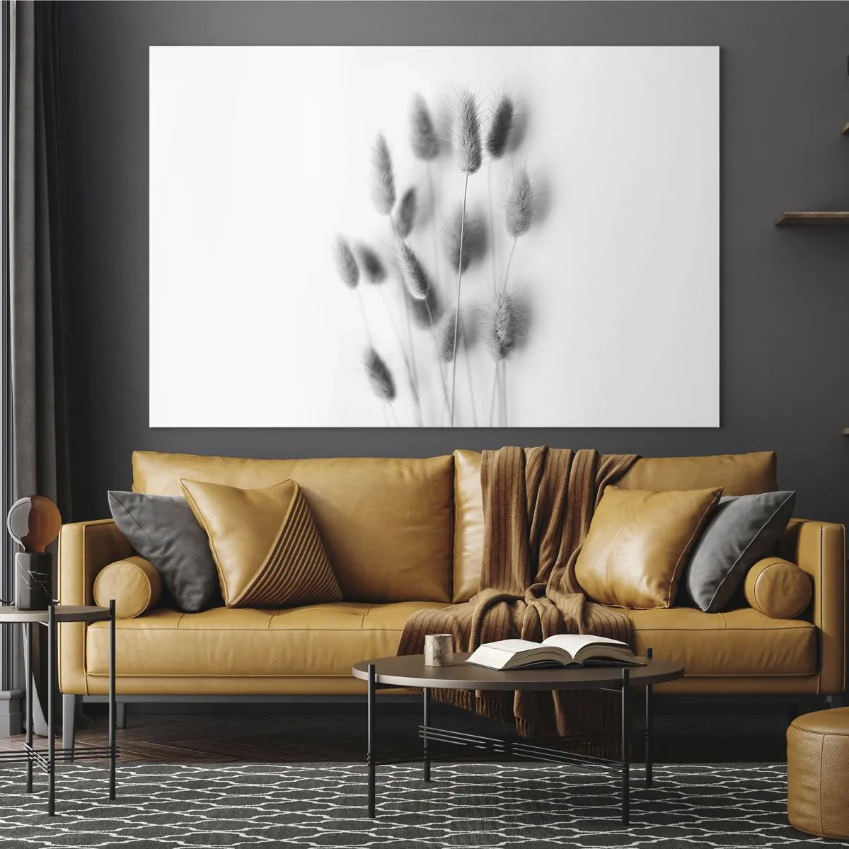 Cuadro sobre vidrio - Impresiones sobre Vidrio - Espigas de hierba en blanco y negro sobre un fondo claro en un estilo minimalista. - 120x80cm - Esponjas naturales - Decoración de pared moderna para salón y dormitorio ARTTOR