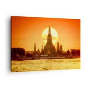 Cuadro sobre lienzo - Impresión de Imagen - Puesta de sol sobre el templo con reflejo en el agua. - 70x50cm - Hacia el sol, siempre hacia el sol - Decoración de pared moderna para salón y dormitorio ARTTOR
