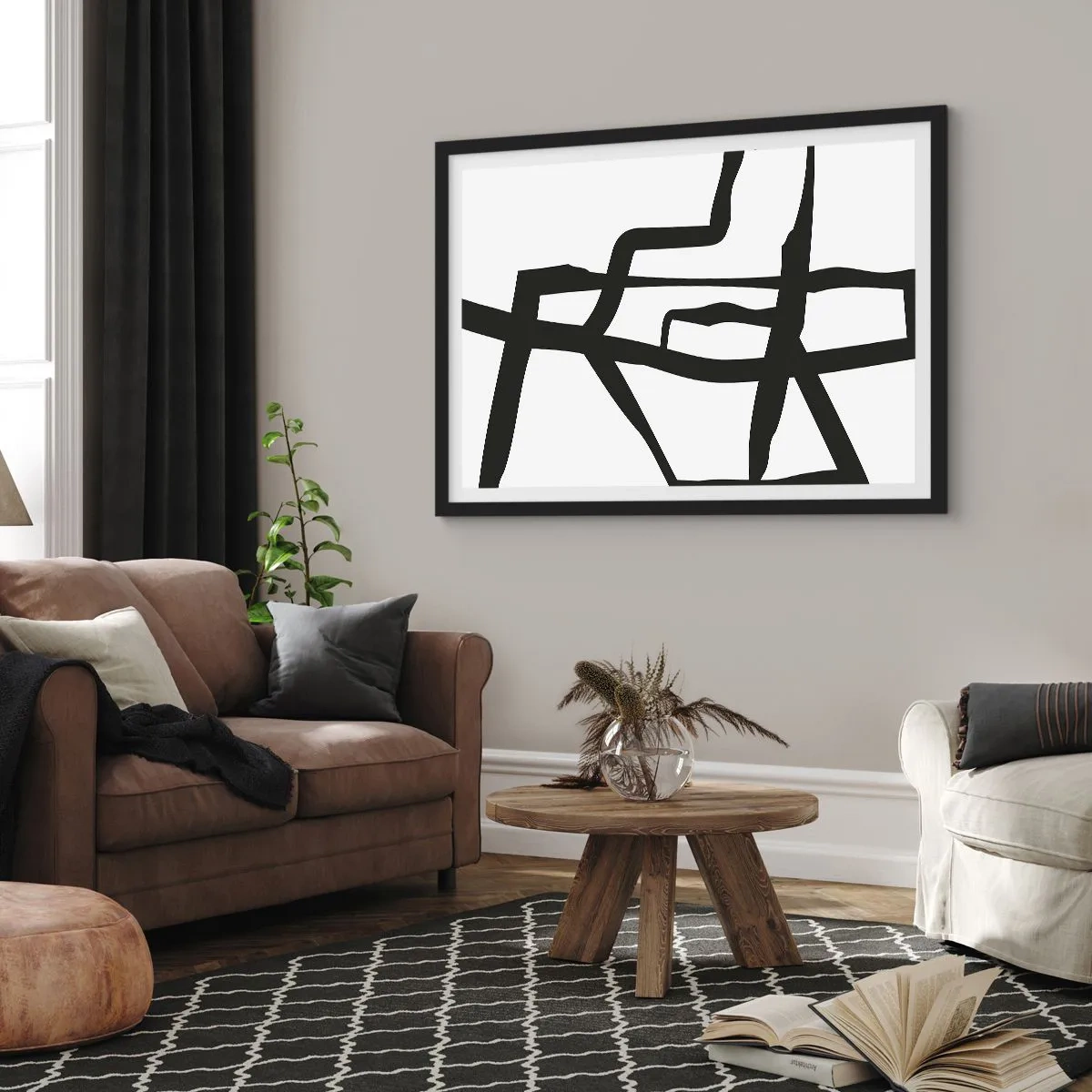 Póster en marco negro - Patrón minimalista en blanco y negro con líneas geométricas. - 70x50cm - Construcción en blanco y negro - Decoración de pared moderna para salón y dormitorio ARTTOR