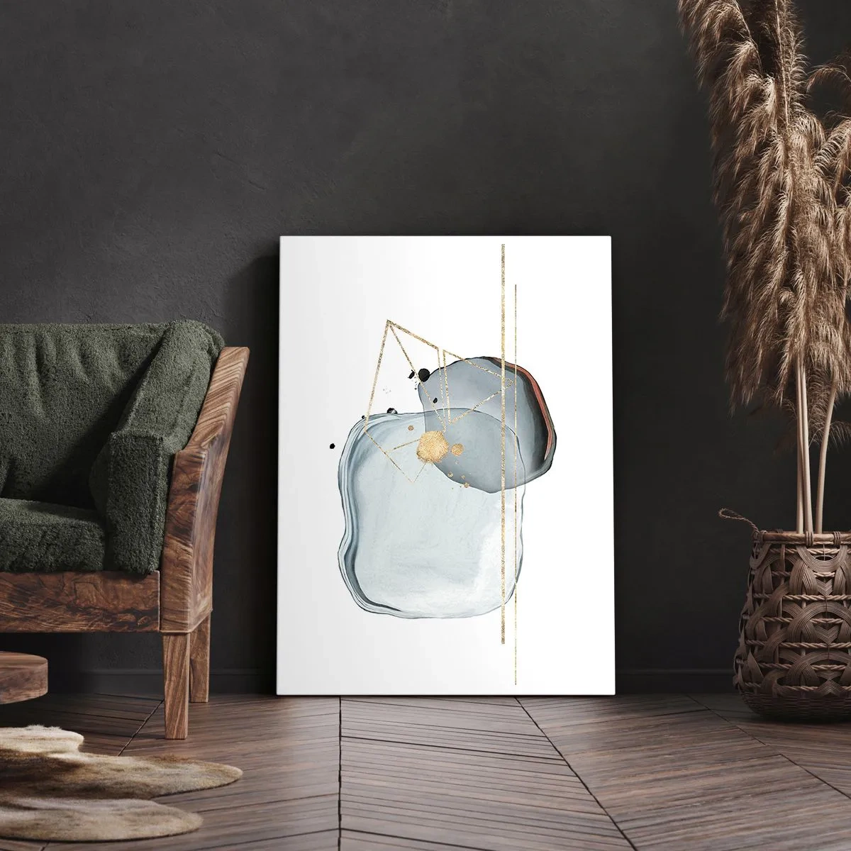 Cuadro sobre lienzo - Impresión de Imagen - Formas abstractas en tonos azules y dorados sobre un fondo blanco. - 50x70cm - Un estudio de gotas - Decoración de pared moderna para salón y dormitorio ARTTOR