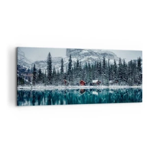 Cuadro sobre lienzo - Impresión de Imagen - Paisaje invernal con cabañas en el bosque junto a un lago congelado - 120x50cm - Retiro canadiense - Decoración de pared moderna para salón y dormitorio ARTTOR