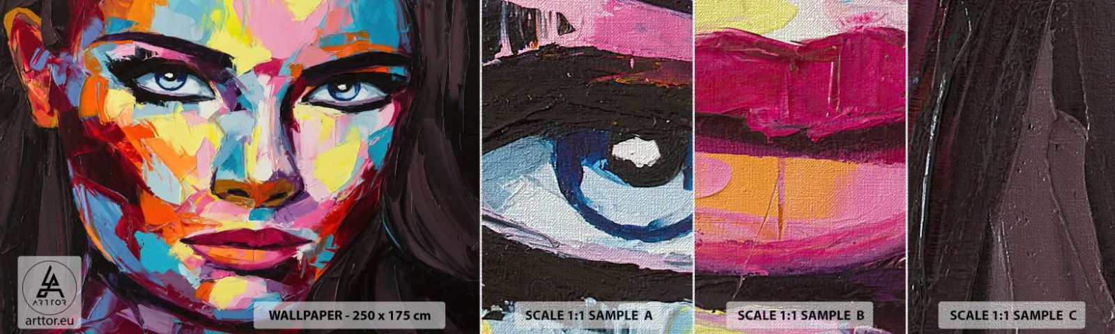 Muestra de fotomural Premium Canvas - Un alma colorida también - retrato de una mujer, Rostro, Pedazo - 100x30 cm