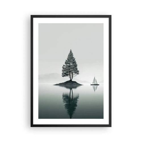 Póster en marco negro - Un árbol solitario en una isla con un reflejo en el agua. - 50x70cm - Un sueño hecho realidad - Decoración de pared moderna para salón y dormitorio ARTTOR