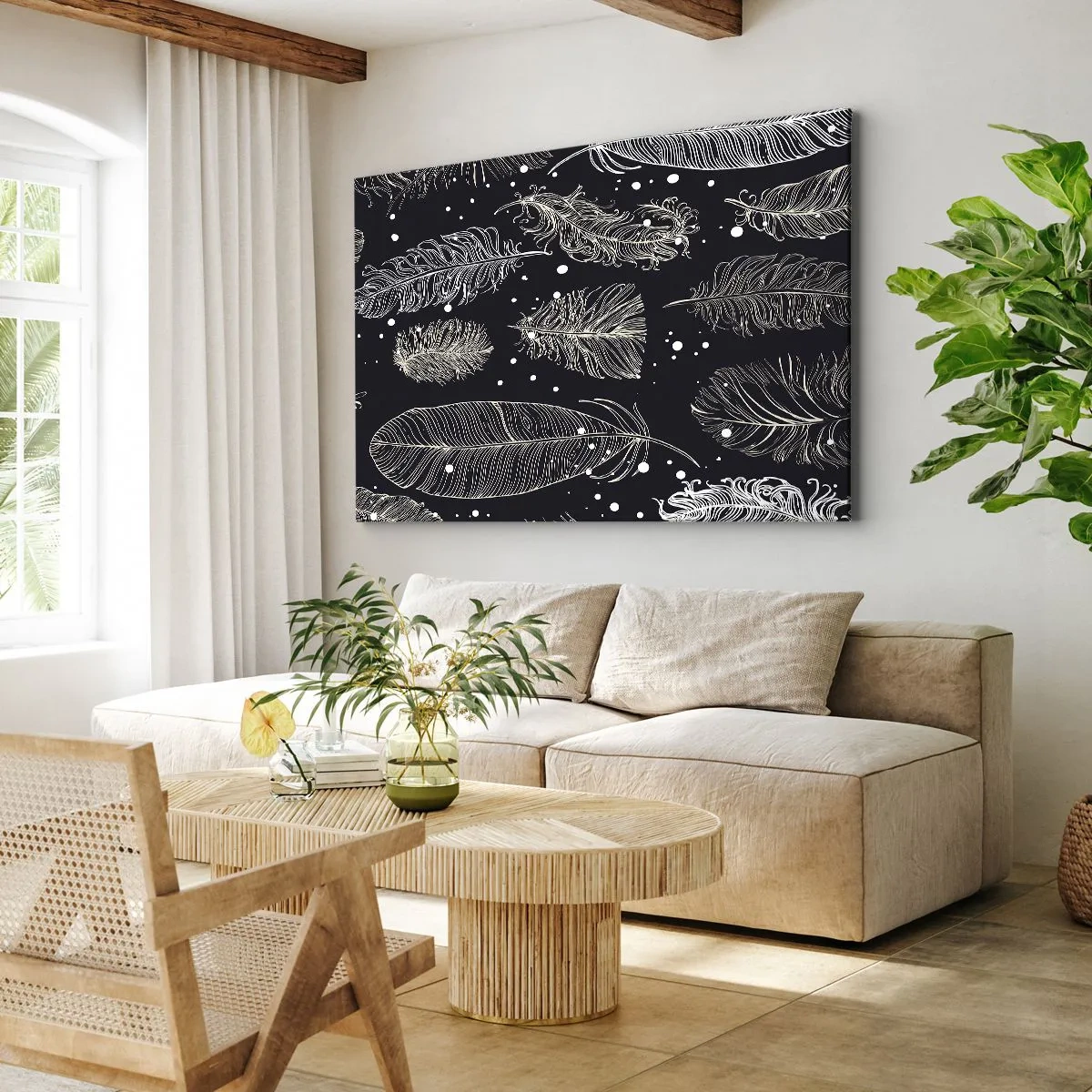 Cuadro sobre lienzo - Impresión de Imagen - Delicadas plumas blancas sobre un fondo azul marino. - 70x50cm - Encaje de plumas - Decoración de pared moderna para salón y dormitorio ARTTOR