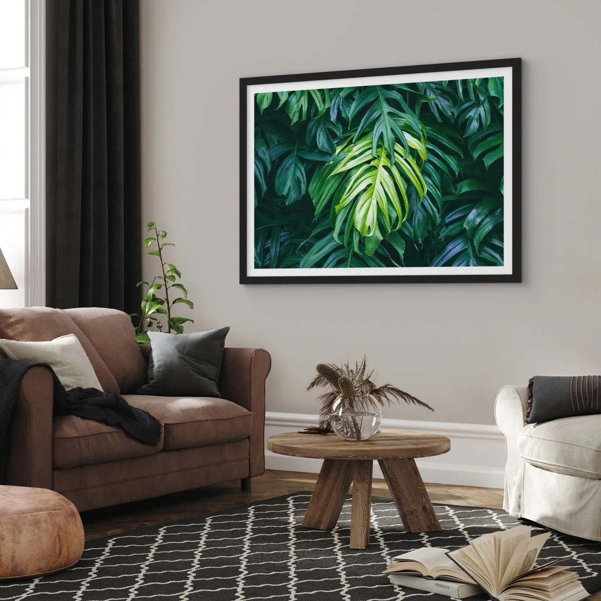 Póster en marco negro - Hojas verdes en un denso arreglo tropical. - 70x50cm - Sumérjase en la frescura - Decoración de pared moderna para salón y dormitorio ARTTOR