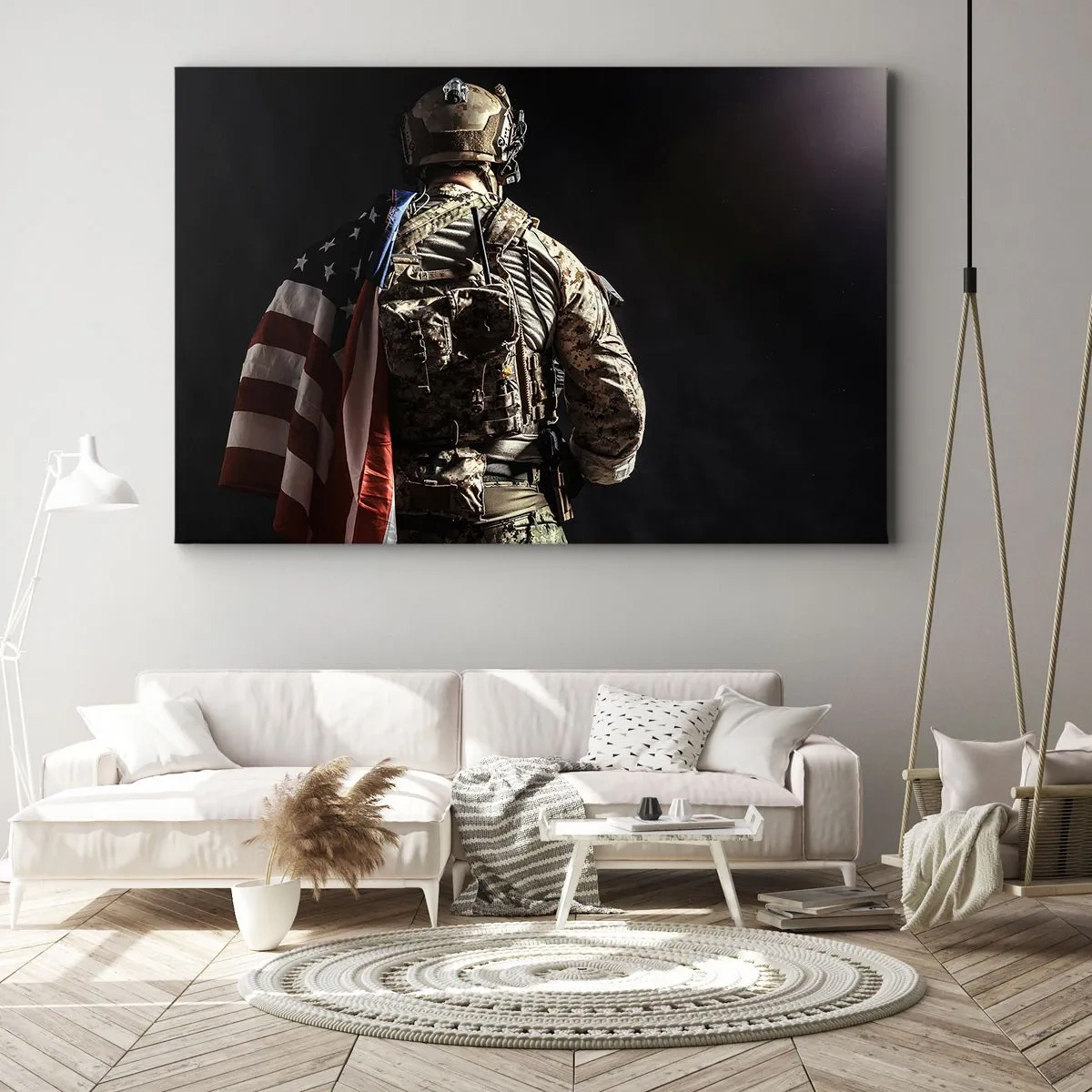 Cuadro sobre lienzo - Impresión de Imagen - Un soldado uniformado con una bandera sobre un fondo oscuro. - 70x50cm - Por eso lucho - Decoración de pared moderna para salón y dormitorio ARTTOR