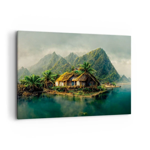 Cuadro sobre lienzo - Impresión de Imagen - Una isla tropical con palmeras y montañas al fondo. - 120x80cm - Paraíso tropical - Decoración de pared moderna para salón y dormitorio ARTTOR