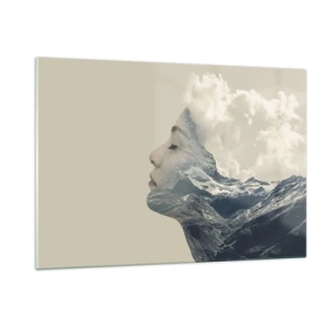 Cuadro sobre vidrio - Impresiones sobre Vidrio - Perfil de mujer con un paisaje de montañas y nubes al fondo. - 120x80cm - La belleza de los elementos - Decoración de pared moderna para salón y dormitorio ARTTOR