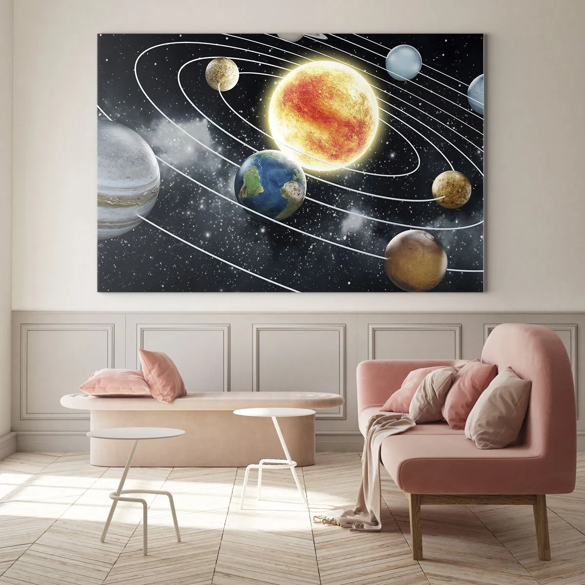 Cuadro sobre vidrio - Impresiones sobre Vidrio - El sistema solar con planetas y órbitas contra el fondo del espacio. - 120x80cm - Danza cósmica - Decoración de pared moderna para salón y dormitorio ARTTOR