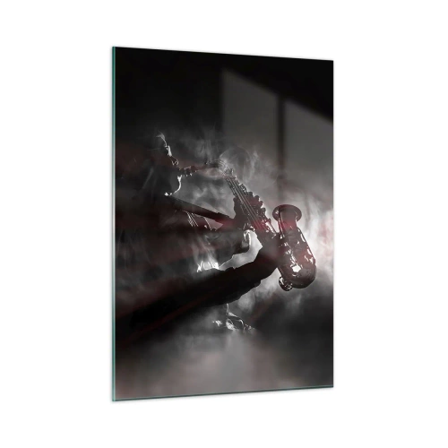 Cuadro sobre vidrio - Impresiones sobre Vidrio - Saxofonista en una nube de humo en blanco y negro - 50x70cm - En el vapor del jazz - Decoración de pared moderna para salón y dormitorio ARTTOR